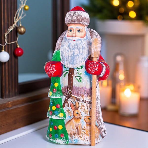Vintage style Santa wood figurine 7.9 inch, folk art rabbits, holiday mantel & entryway decor