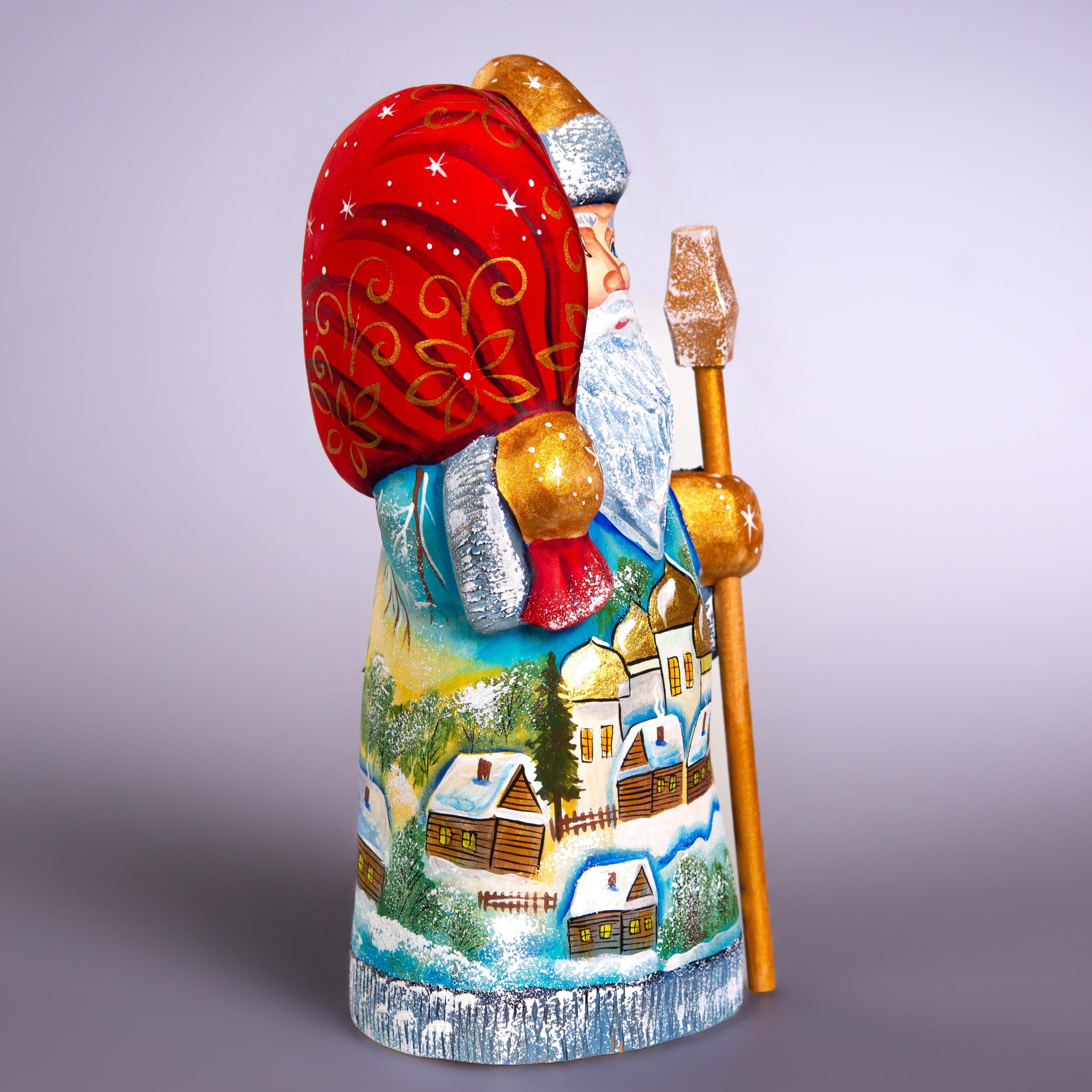 Hand Carved Santa Figurine 8 inch: Snowy Village, Golden Church - Signed Collectible