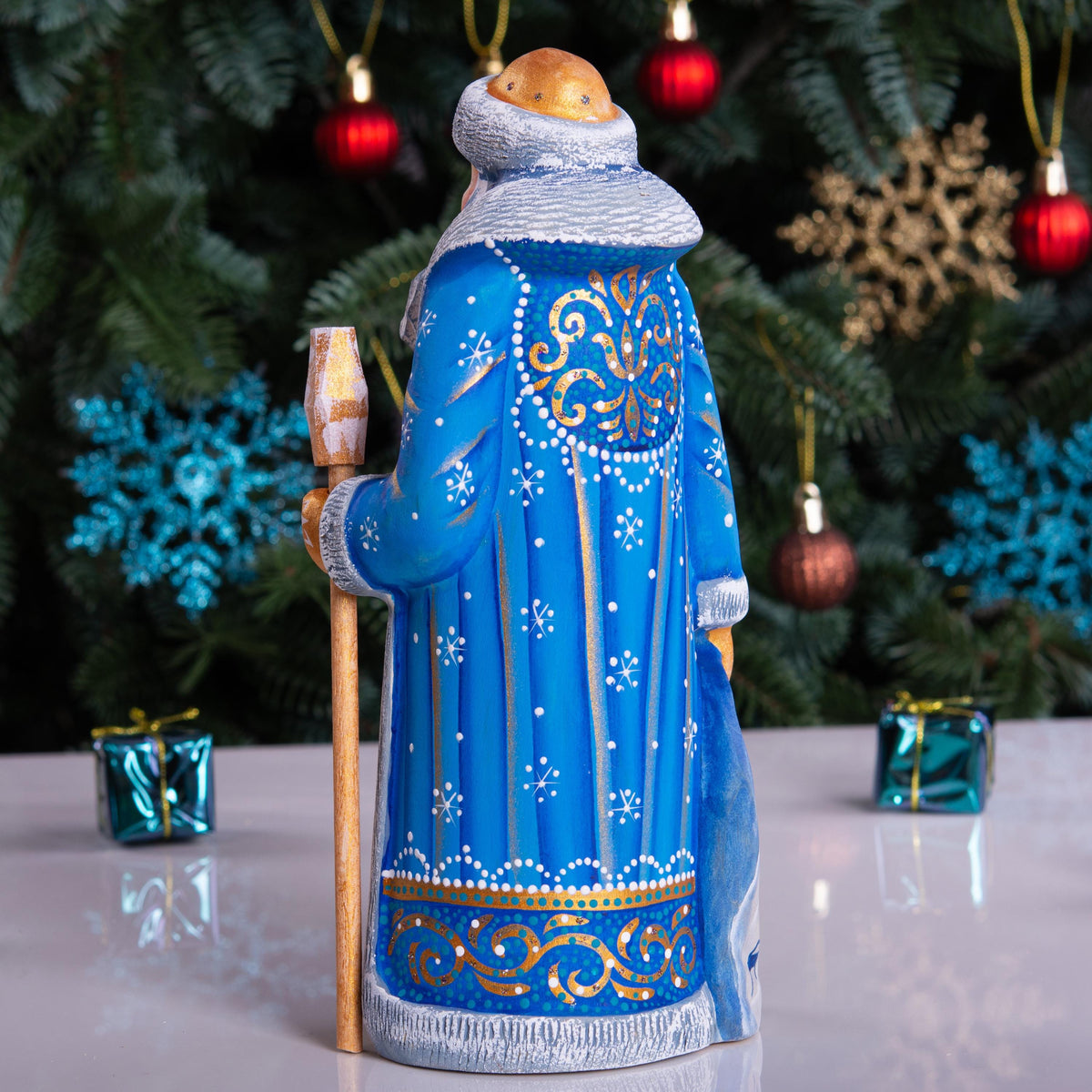 Hand carved wooden Santa nativity figurine 9 inch, Holy Family scene, Christmas mantel decor