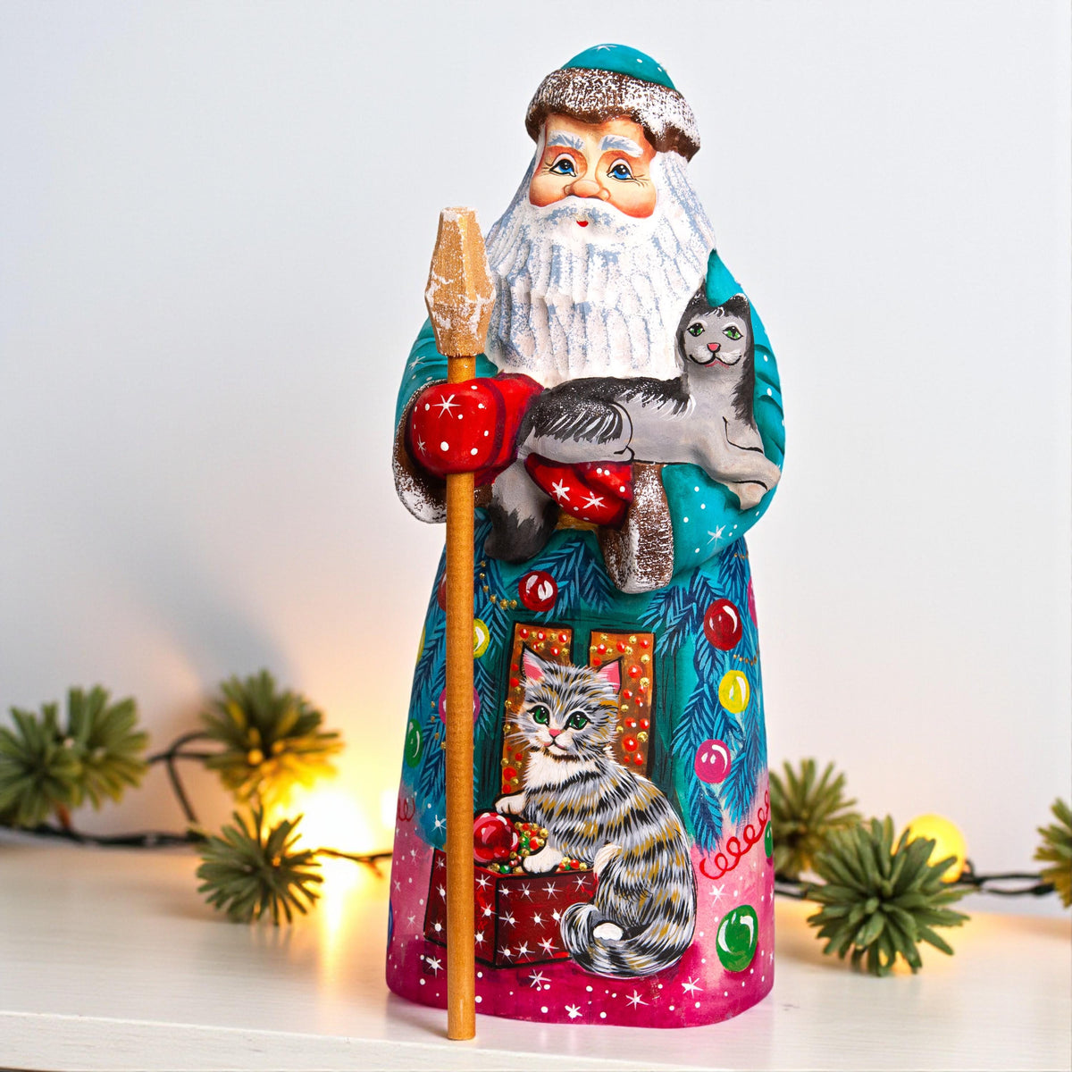 Hand Carved Wooden Santa Claus Figurine with Cat: Signed Folk Art