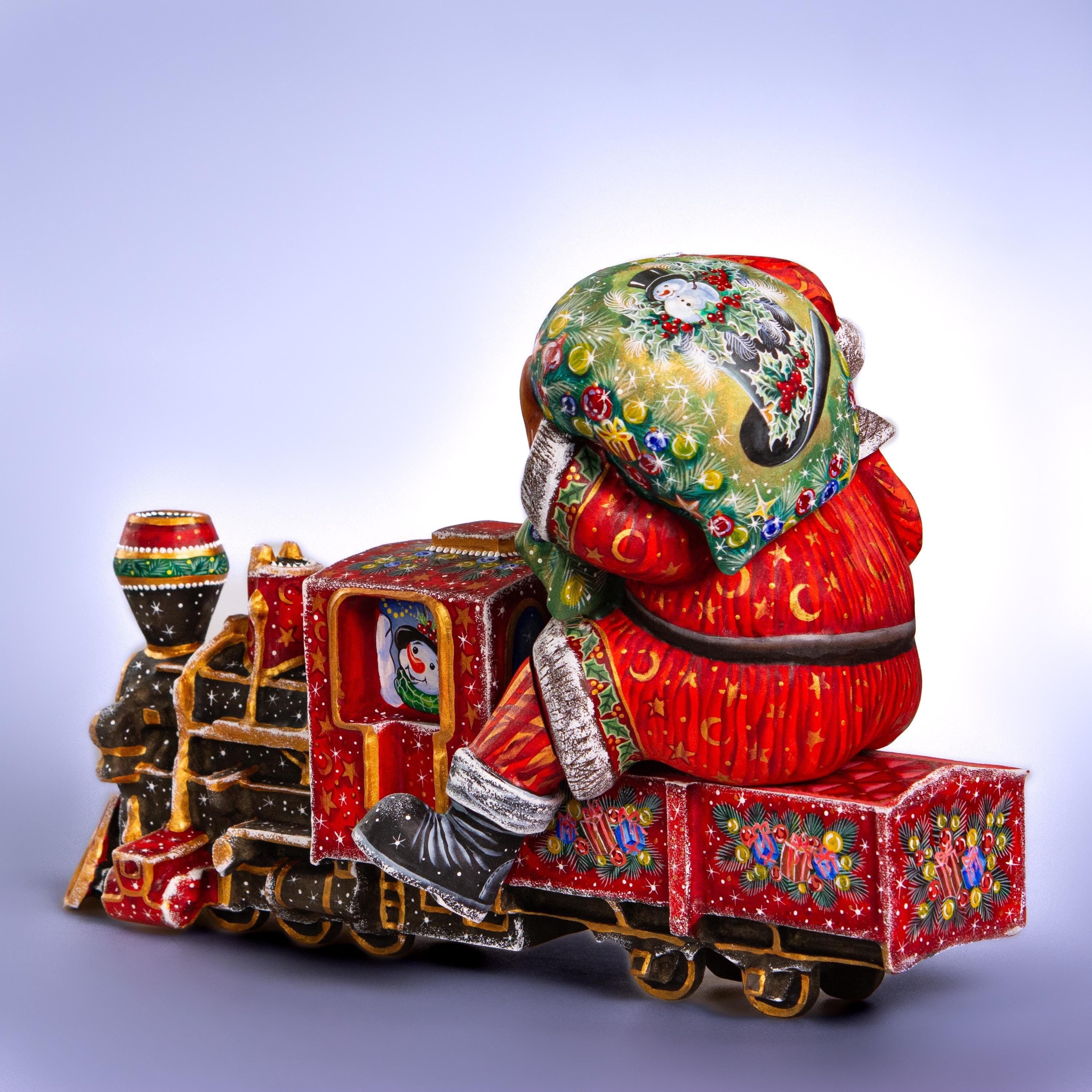Hand-Carved Wooden Santa Claus Riding Christmas Train – Holiday Tabletop Decor – Collectible Xmas Gift