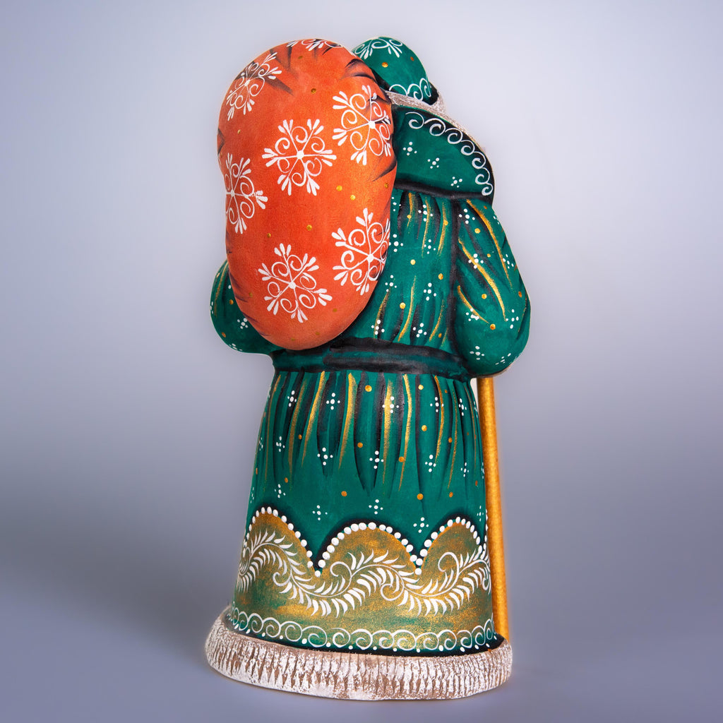 Hand carved Old-World Santa wooden figurine 9 inch, staff and gift sack, mantel decor