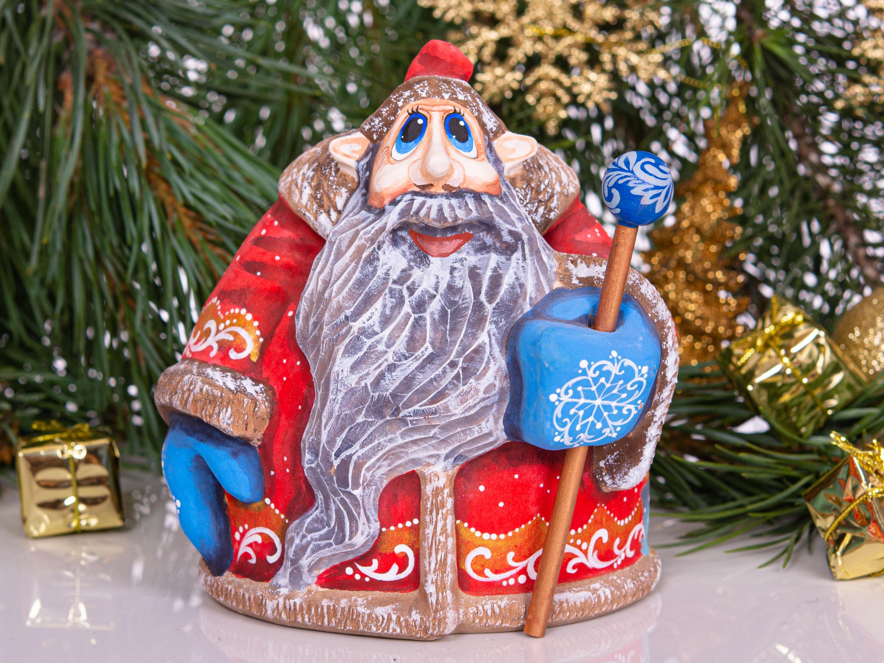 Hand carved Santa wooden figurine 6.3 inch, toy workshop scene