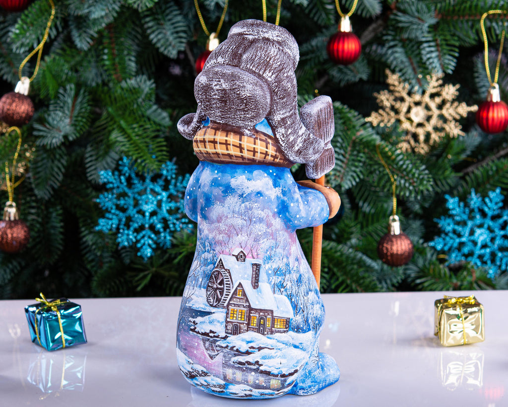 Snowman figurine in ushanka, hand painted landscape, 9.1 inch