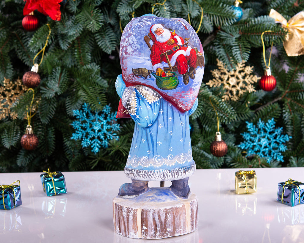 Hand carved Santa wooden statue 11 inch, Christmas scene on sack