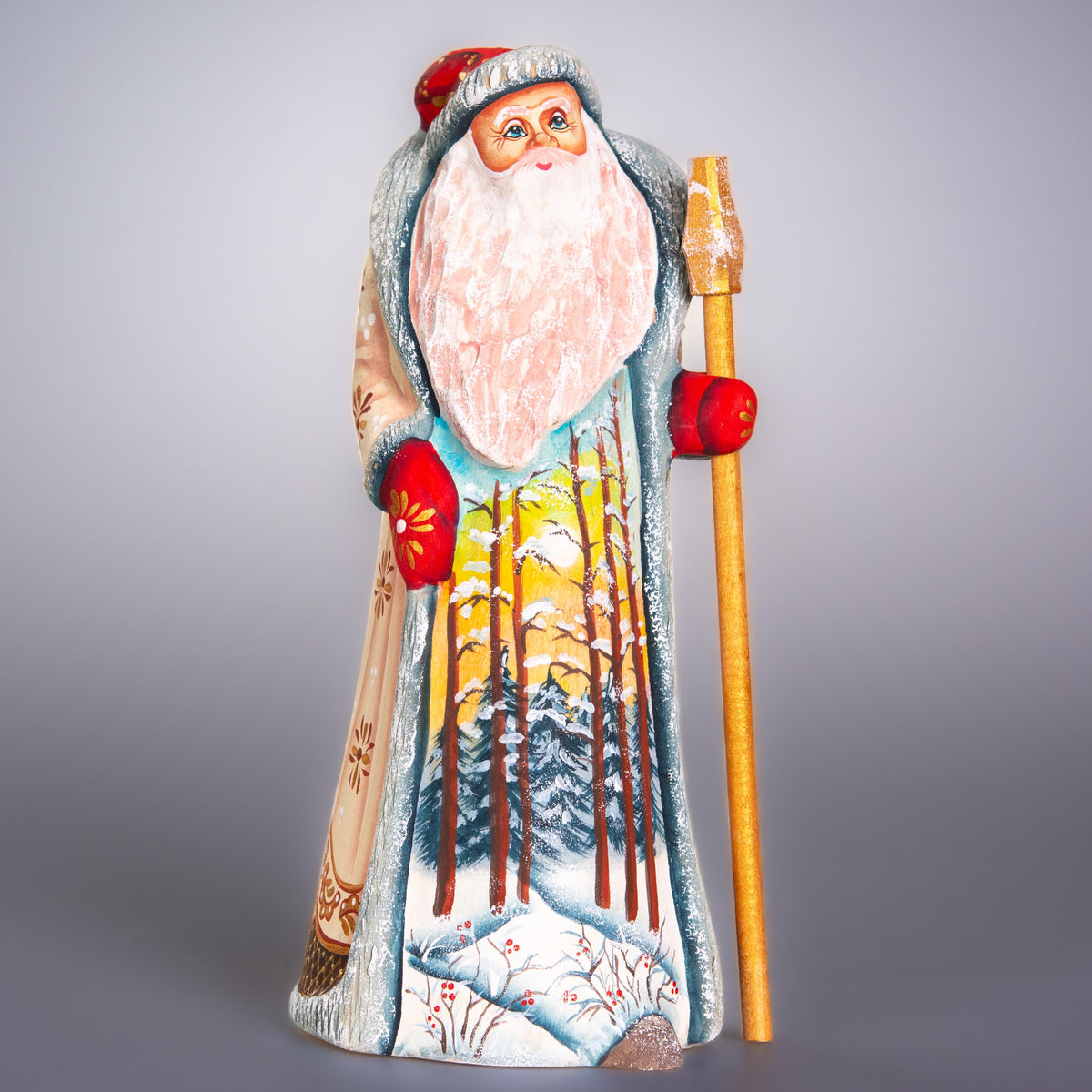Hand carved wooden Santa figurine 9 inch, winter forest landscape, holiday shelf decor