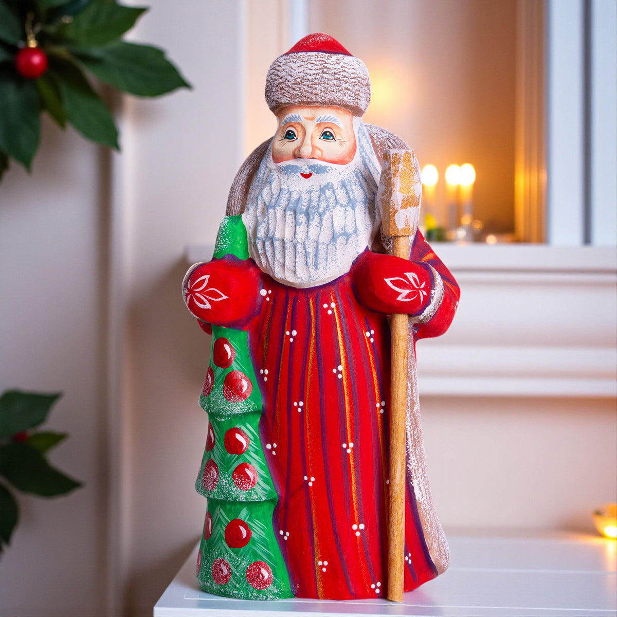 Hand carved wooden Santa figurine 8 inch, holding Christmas tree, holiday shelf decor
