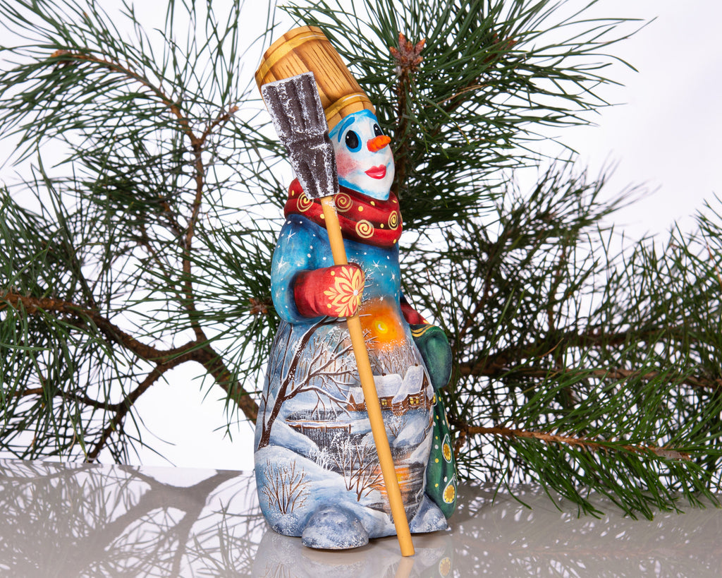 Christmas snowman wood figurine 8 inch, snowy cottage artwork, festive table centerpiece