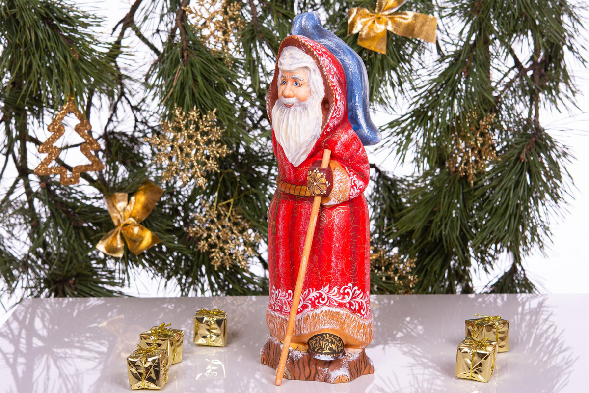 Retro Santa Claus wooden figurine 12 inch, fawn on toy sack, collectible Christmas decor