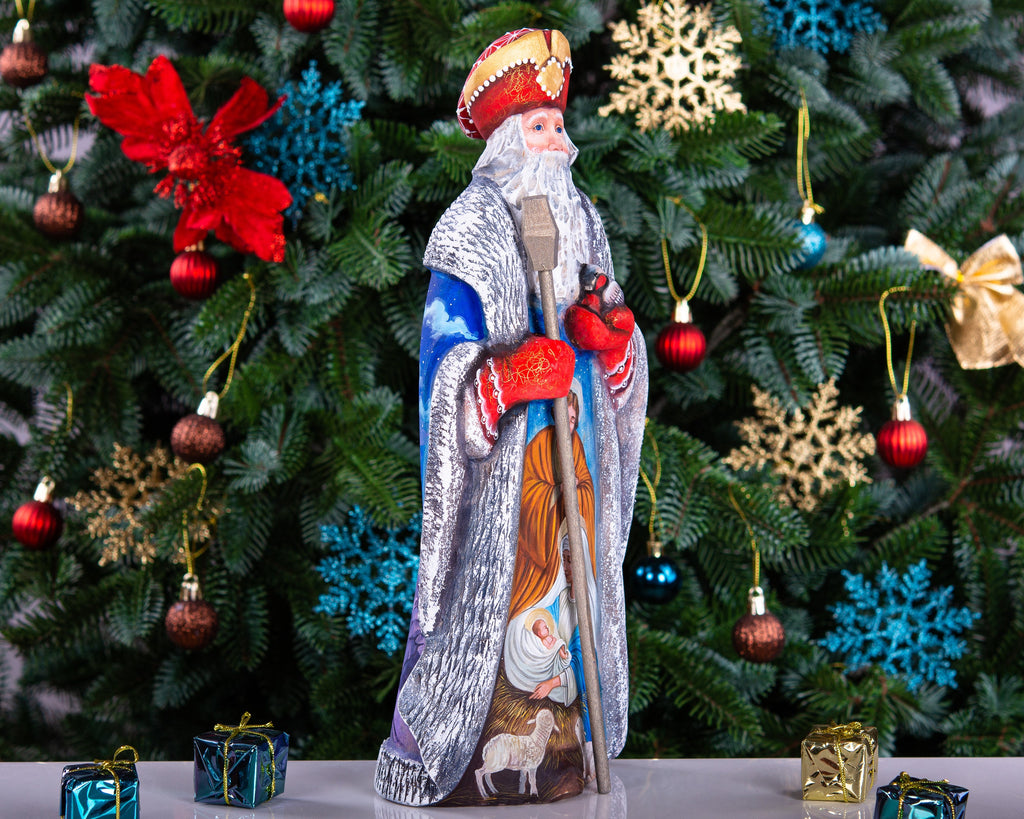 Wooden Old World Santa 12.9 inch, Holy Family nativity, religious Christmas mantel centerpiece
