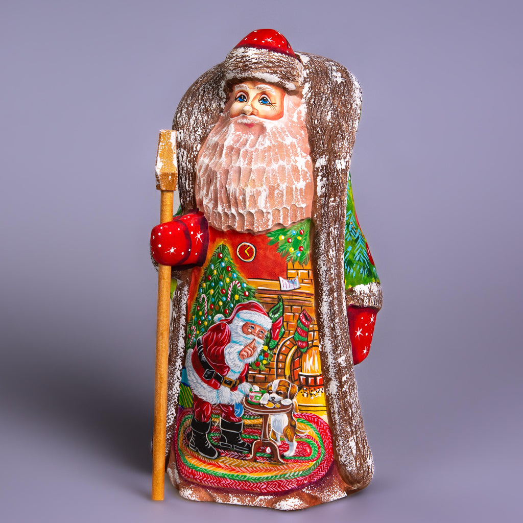Hand carved Santa wooden figurine 9.4 inch, Christmas dog scene