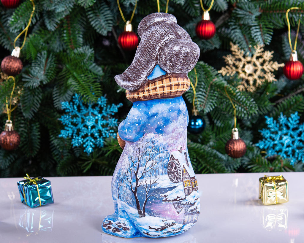 Snowman figurine in ushanka, hand painted landscape, 9.1 inch
