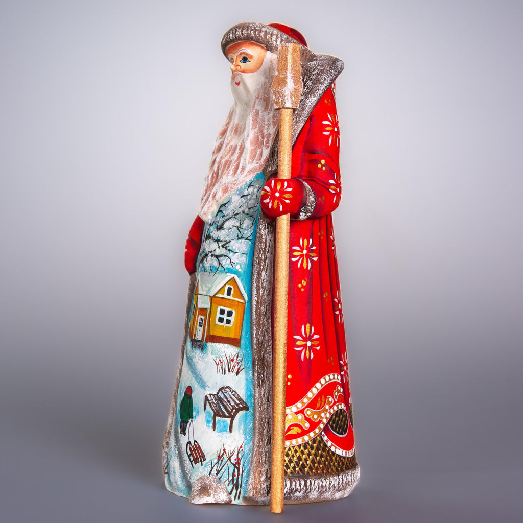 Hand Carved Wooden Santa Figurine, Winter Cottage Scene