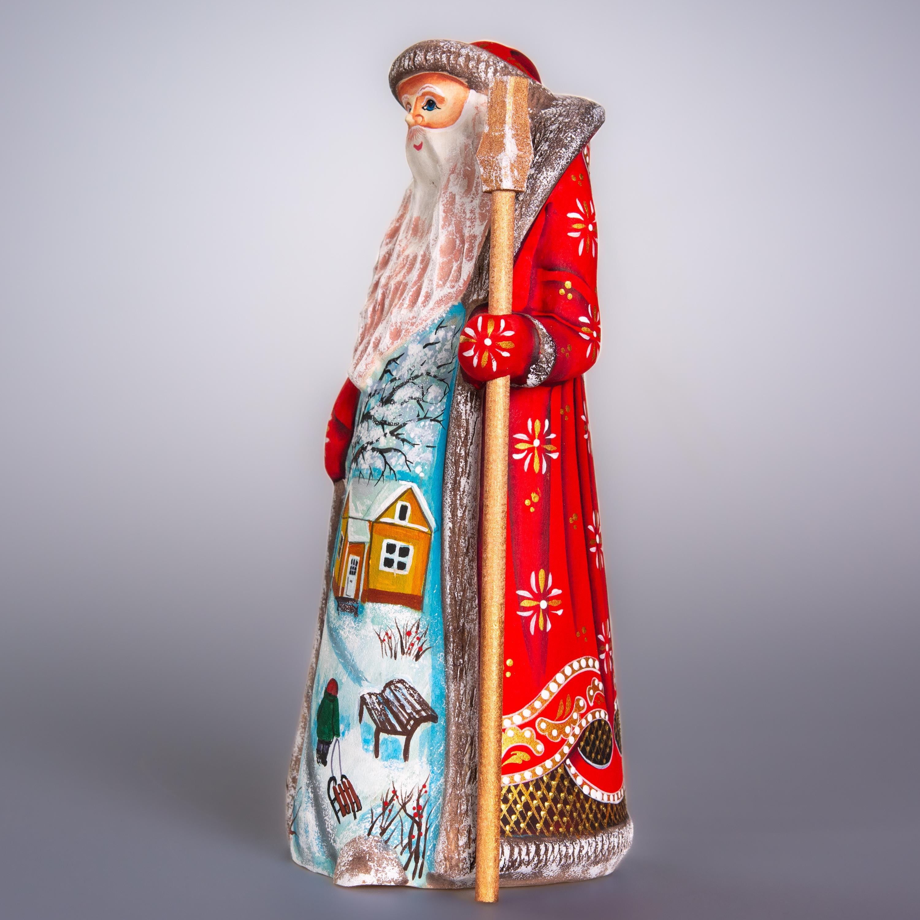 Hand Carved Wooden Santa Figurine, Winter Cottage Scene