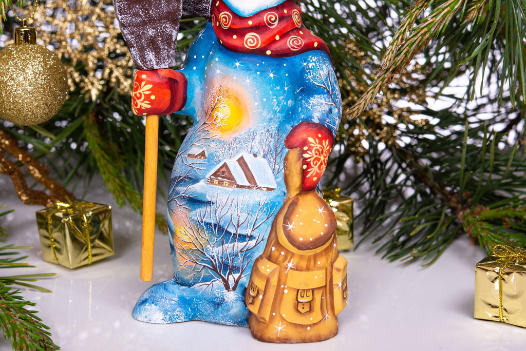 Snowman wooden statue 8 inch, holding broom, tabletop Christmas accent