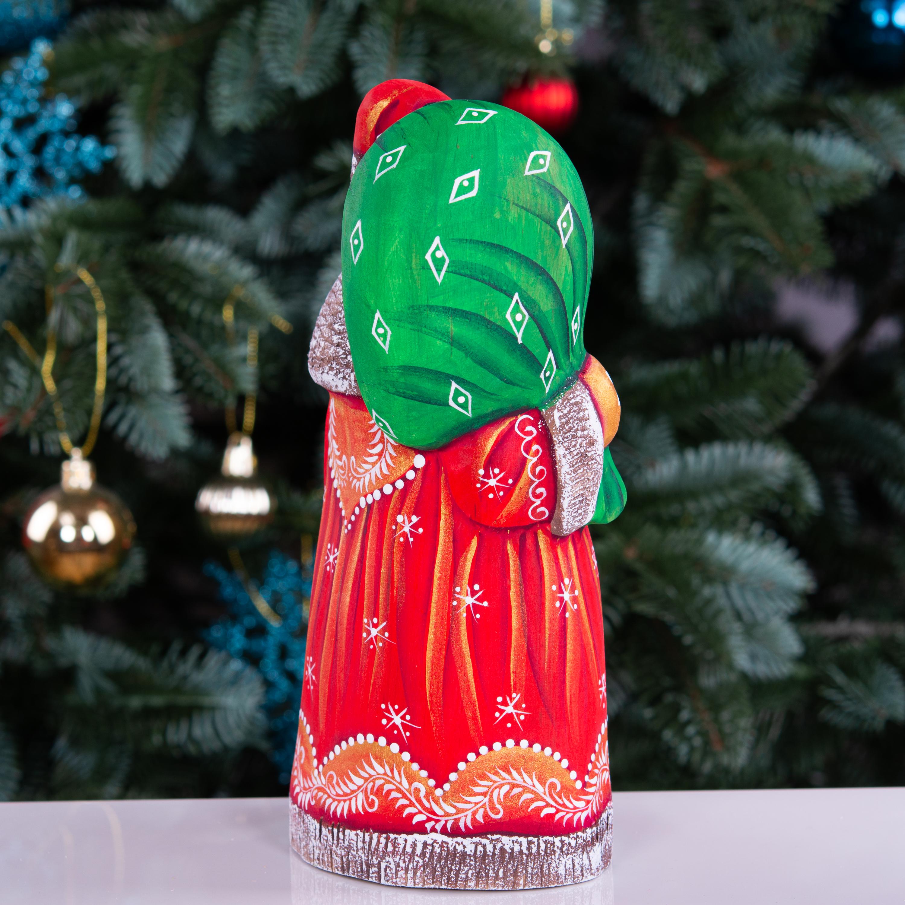 Hand carved wooden Santa figurine 8 inch, gift sack, mantel decor