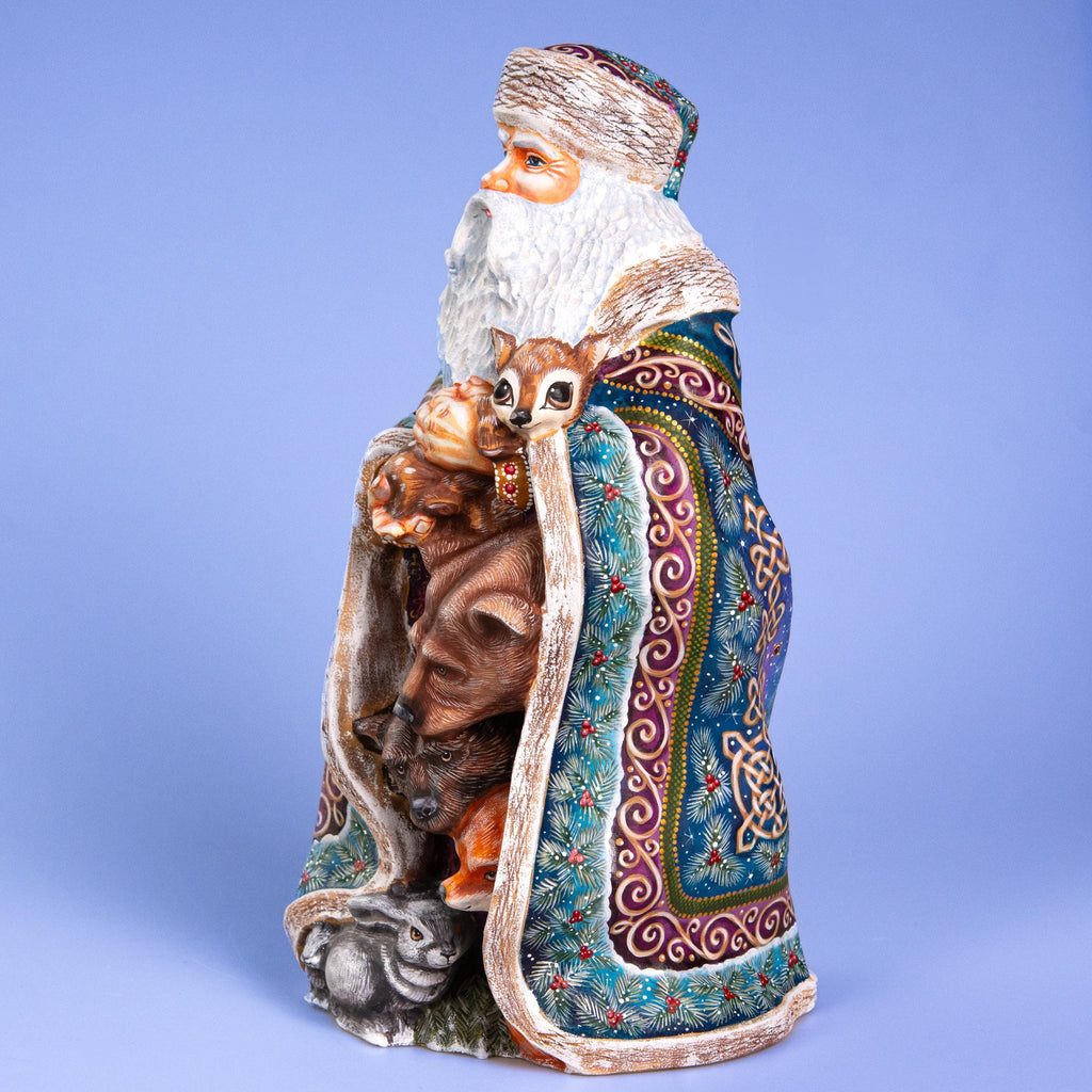 Hand Carved Wooden Santa Figurine 13.8 inch, Woodland Animals, Artist Painted Old World
