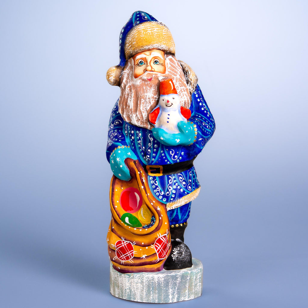 Hand carved blue Santa wooden figurine 10 inch, snowman in hand