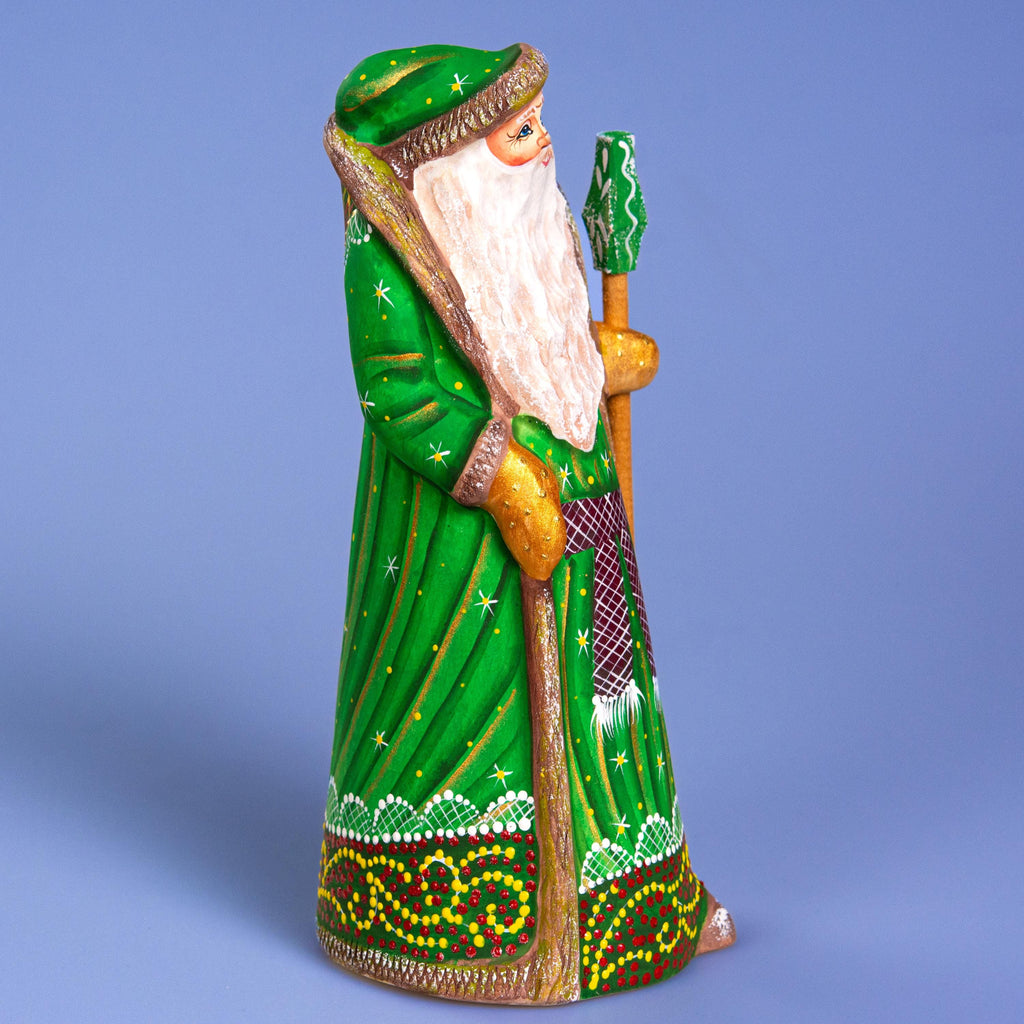 Hand carved green Santa wooden figurine 8.7 inch, Christmas mantel display decor