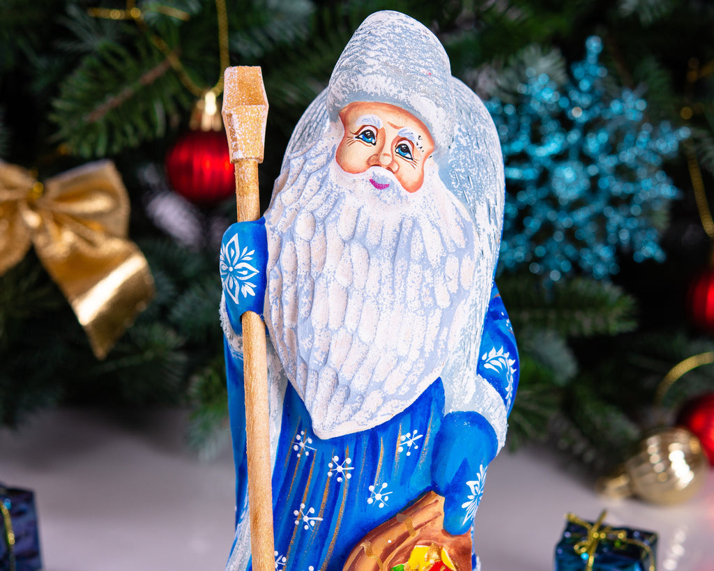 Hand carved blue Santa wooden figurine 8 inch, matryoshka toy sack, staff holiday centerpiece