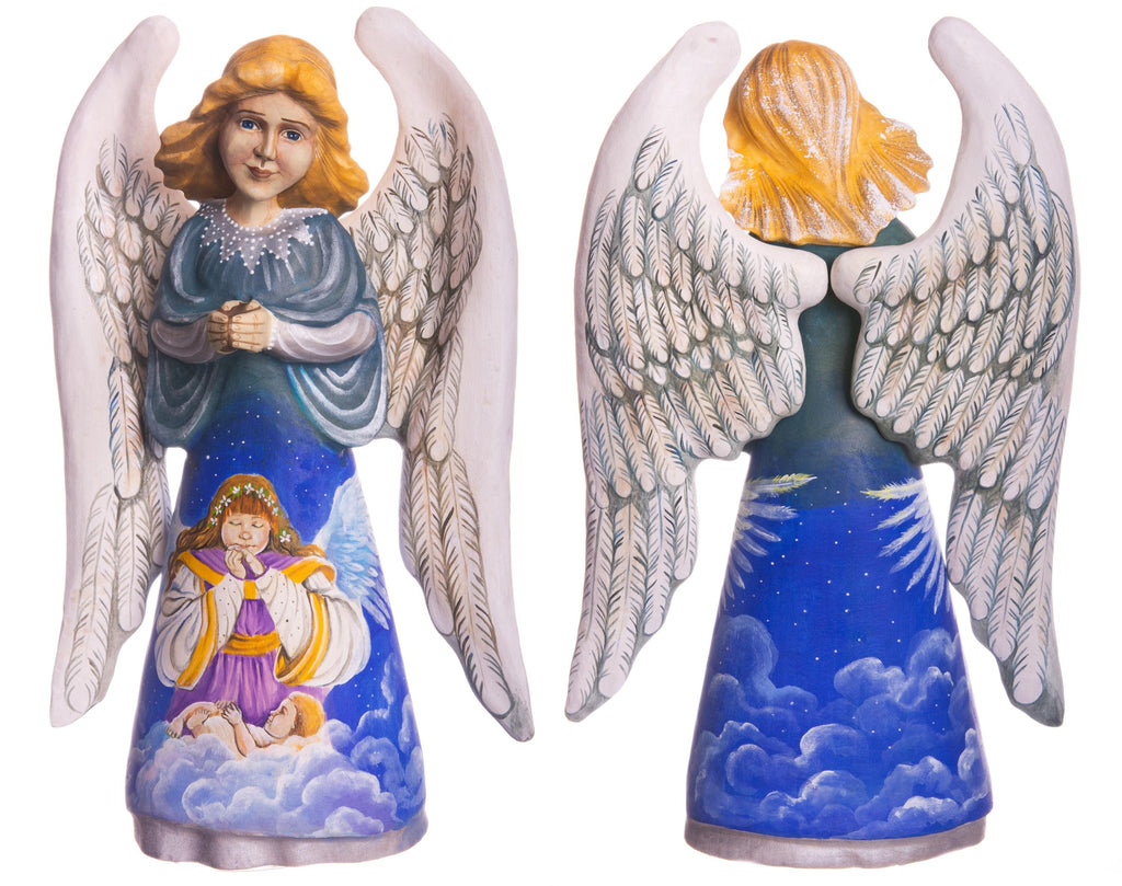 Hand painted angel figurine 9 inch, heavenly clouds scene mantel display