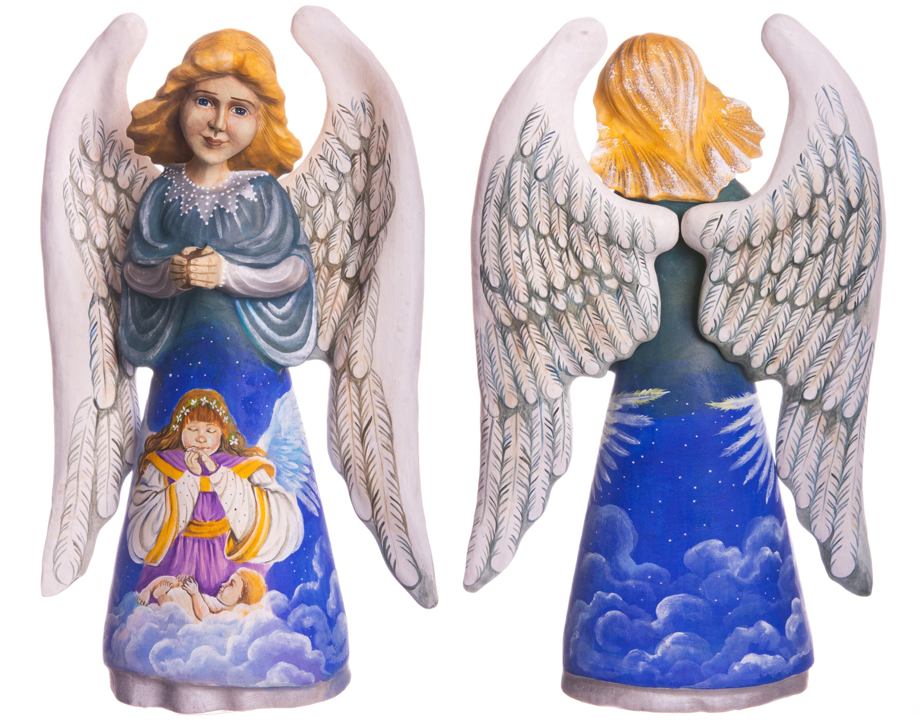 Hand painted angel figurine 9 inch, heavenly clouds scene mantel display