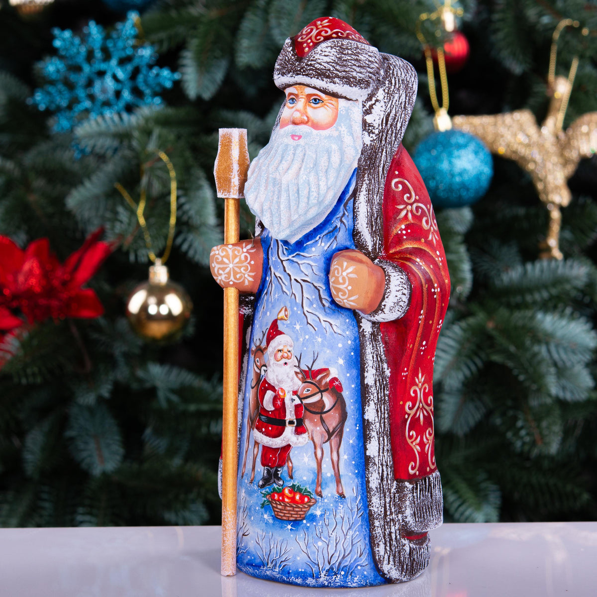 Hand carved Santa wooden figurine 9 inch, reindeer scene mantel decor