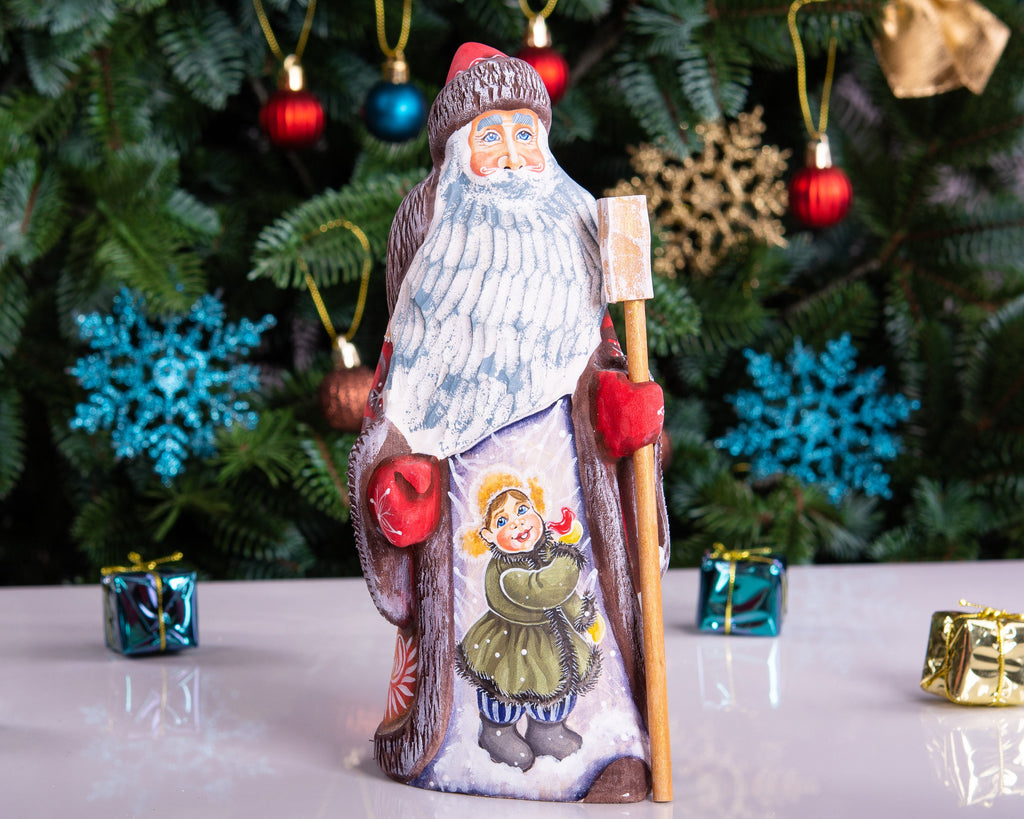 Hand carved Russian Santa 8.7 inch solid wood figurine, child scene