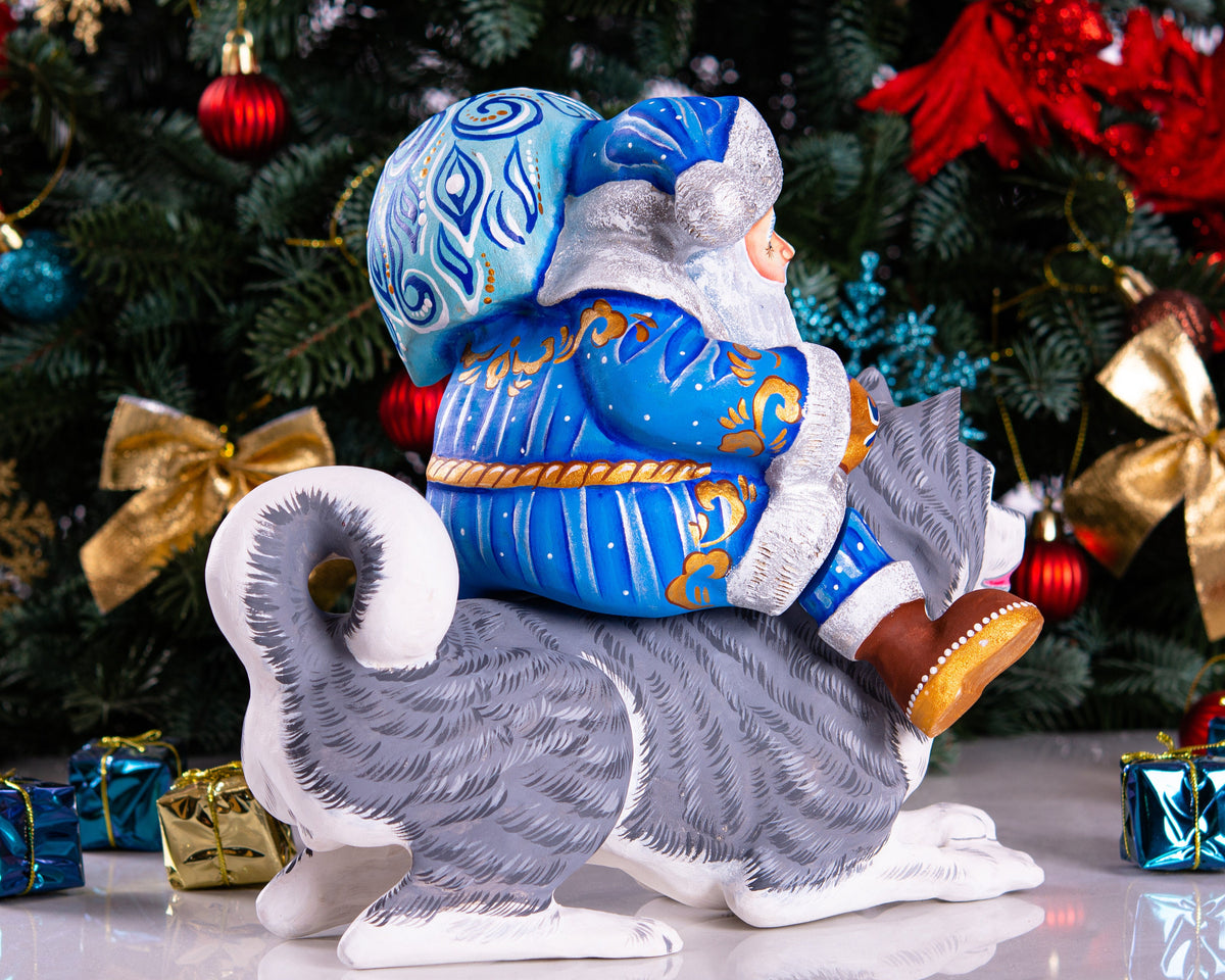 Hand carved Santa riding husky dog wood carving 9 inch, rustic holiday centerpiece