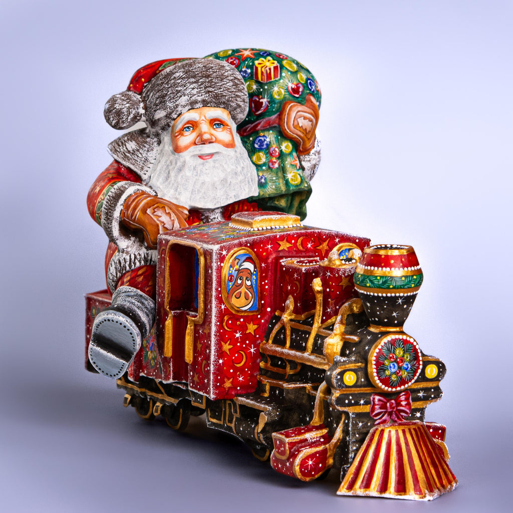 Hand-Carved Wooden Santa Claus Riding Christmas Train – Holiday Tabletop Decor – Collectible Xmas Gift