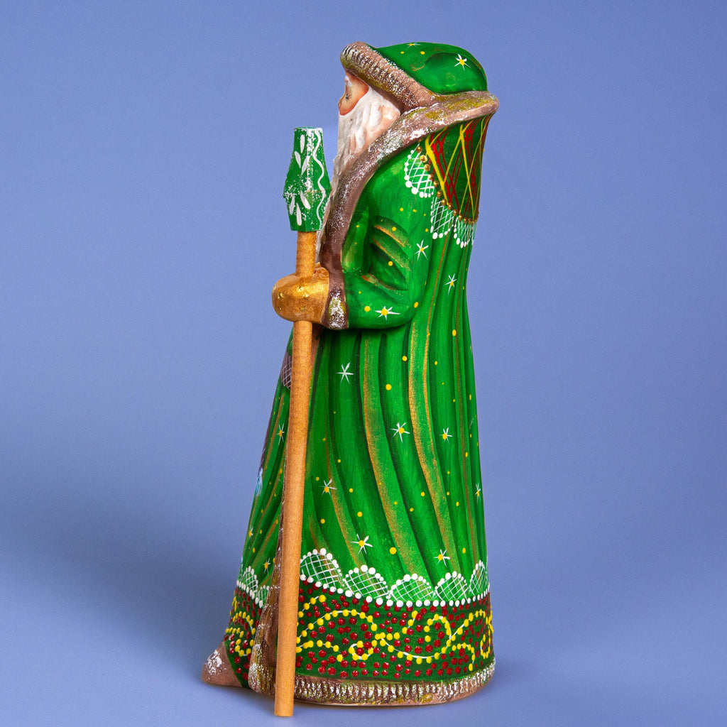 Hand carved green Santa wooden figurine 8.7 inch, Christmas mantel display decor