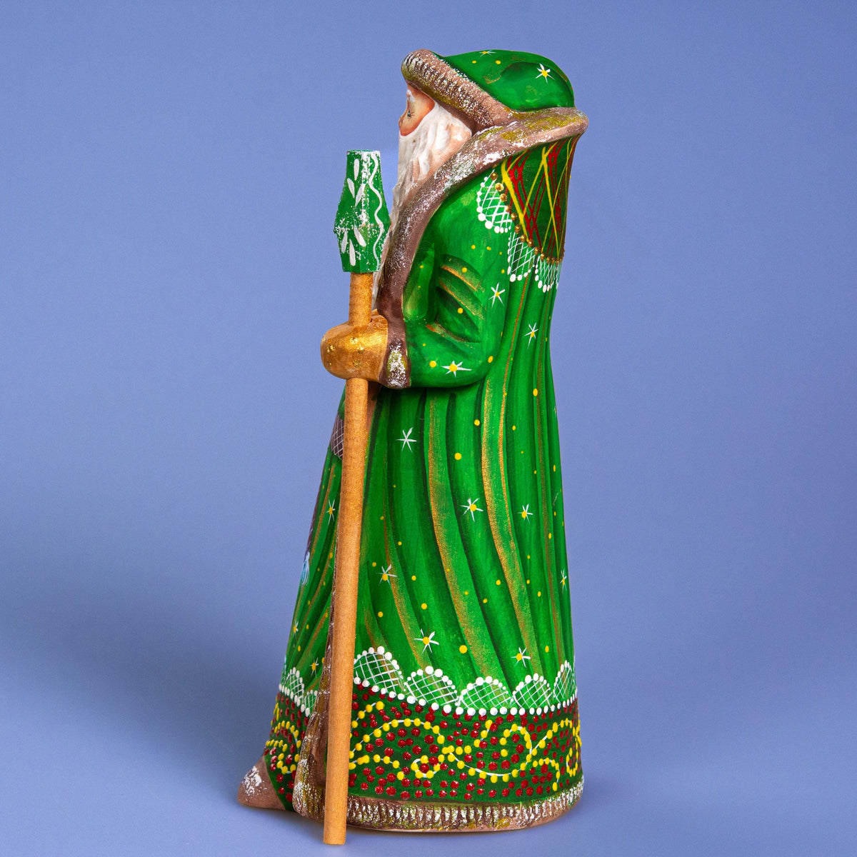 Hand carved green Santa wooden figurine 8.7 inch, Christmas mantel display decor