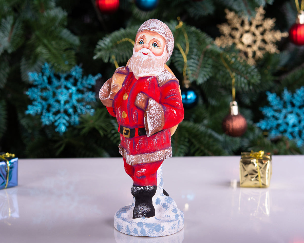 Kris Kringle Santa figurine 7 inch, carved wood, toy bag, holiday home decor