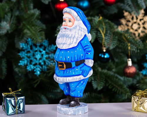 Father Frost, Hand‑Carved Wood, Frosty Trim Blue Suit, 6.7″