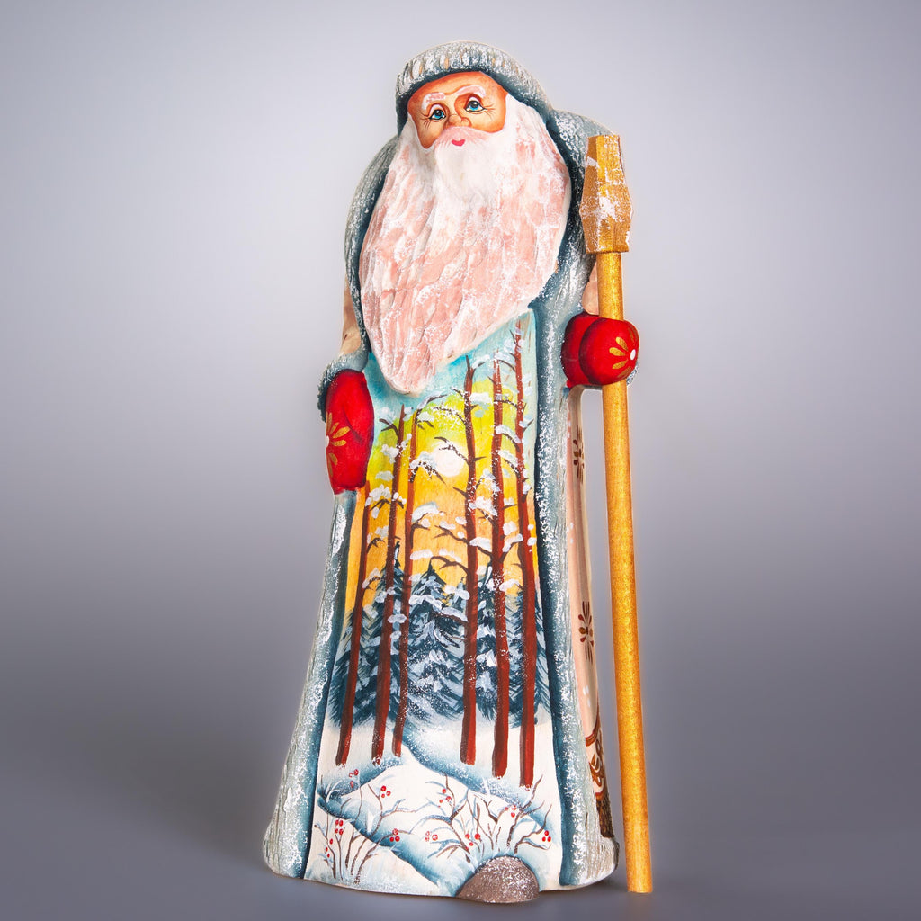 Hand carved wooden Santa figurine 9 inch, winter forest landscape, holiday shelf decor