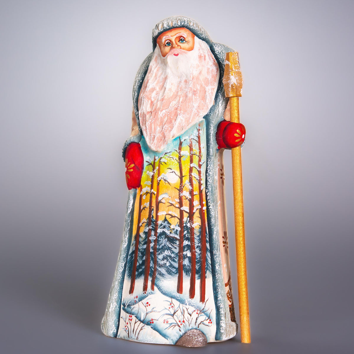 Hand carved wooden Santa figurine 9 inch, winter forest landscape, holiday shelf decor
