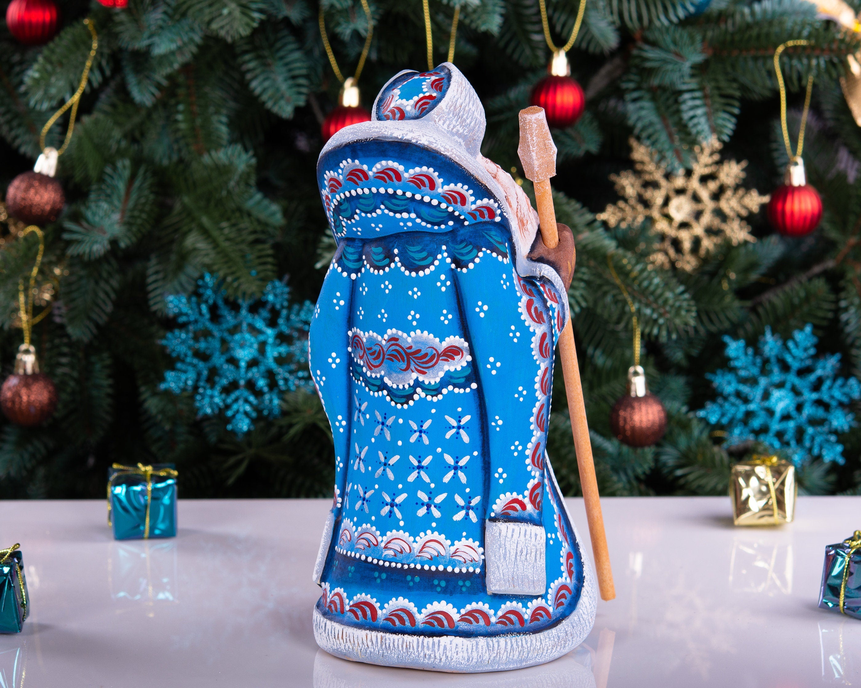 Blue Santa Claus wooden figurine 9 inch, hand carved collectible holiday accent