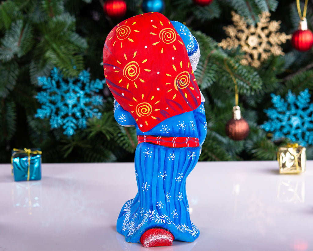 Hand carved blue Santa wooden figurine 7.9 inch, gift sack and staff, centerpiece