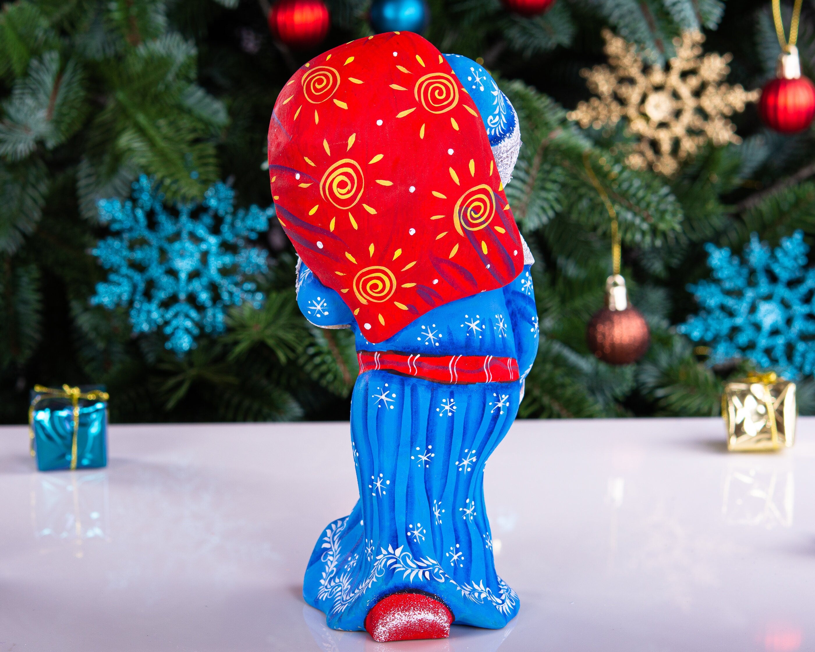 Hand carved blue Santa wooden figurine 7.9 inch, gift sack and staff, centerpiece