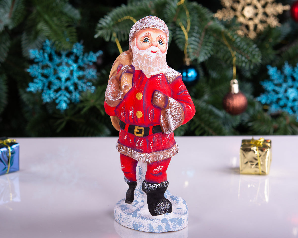 Kris Kringle Santa figurine 7 inch, carved wood, toy bag, holiday home decor