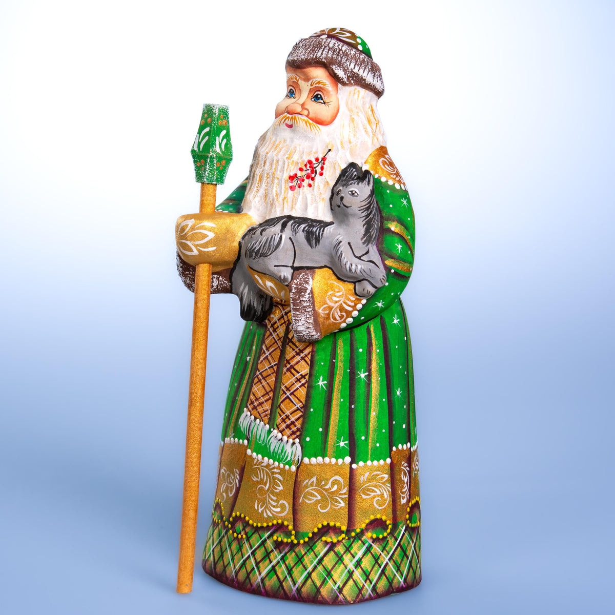 Kris Kringle wooden figurine 9 inch, green coat, cat lover gift