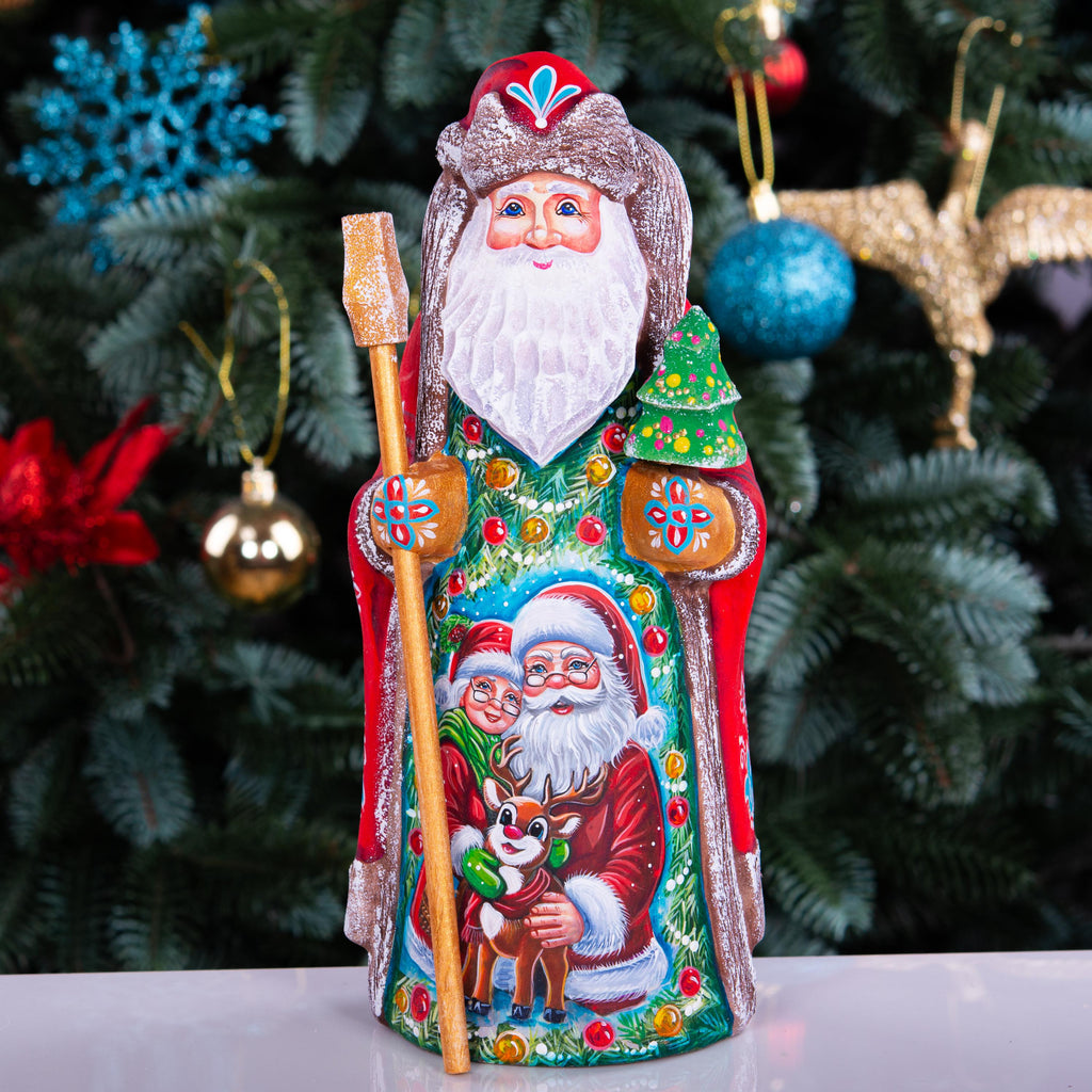 Hand carved Santa and Mrs Claus statue 9 inch, Rudolph fawn