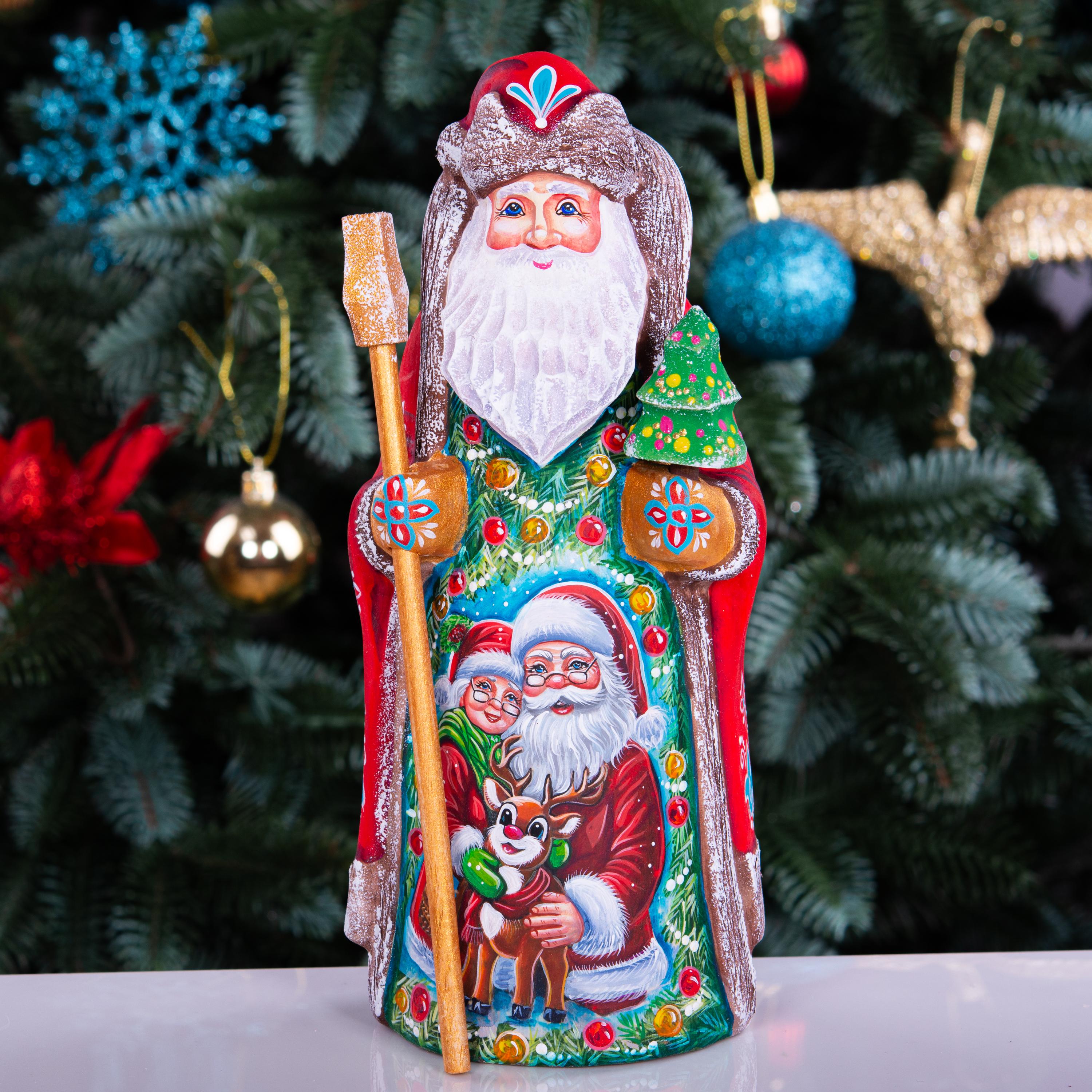 Hand carved Santa and Mrs Claus statue 9 inch, Rudolph fawn