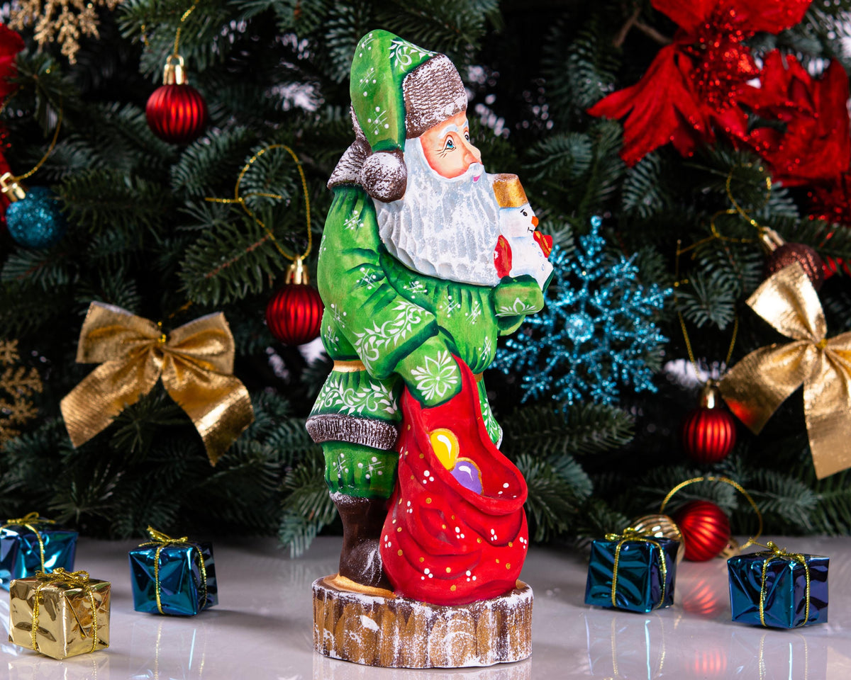 Collectible Santa figurine with snowman, folk art mantel decor, 10.2 inch