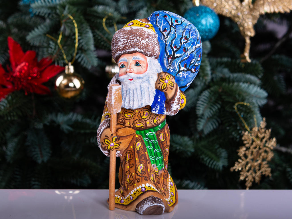 Hand Carved Santa Figurine 8 inch: Rustic Wood Christmas Decor, Forest Scene