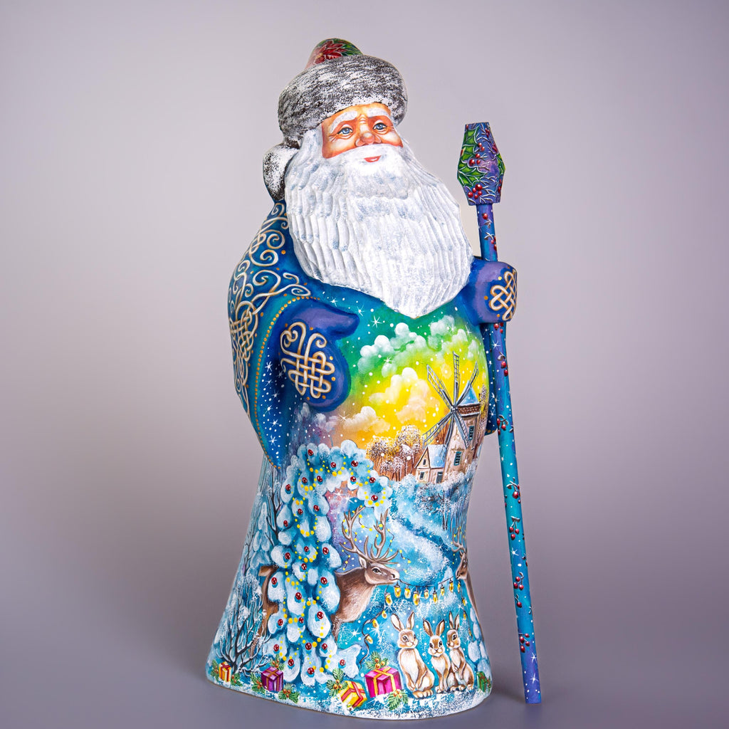 Old World Santa figurine 13 inch, carved wood, blue coat, woodland deer and rabbits