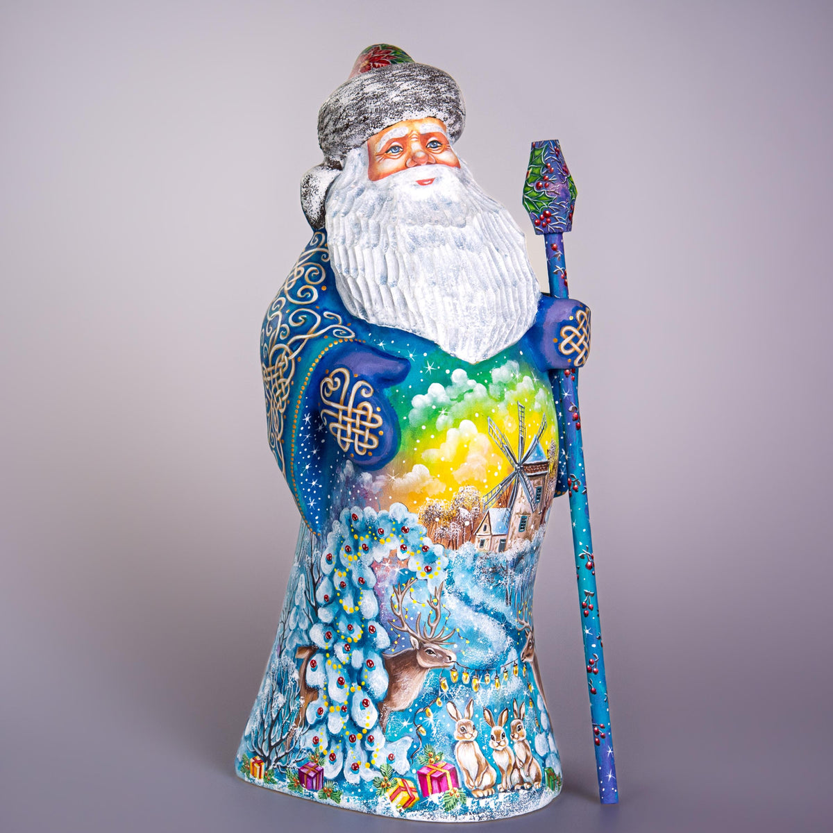 Old World Santa figurine 13 inch, carved wood, blue coat, woodland deer and rabbits