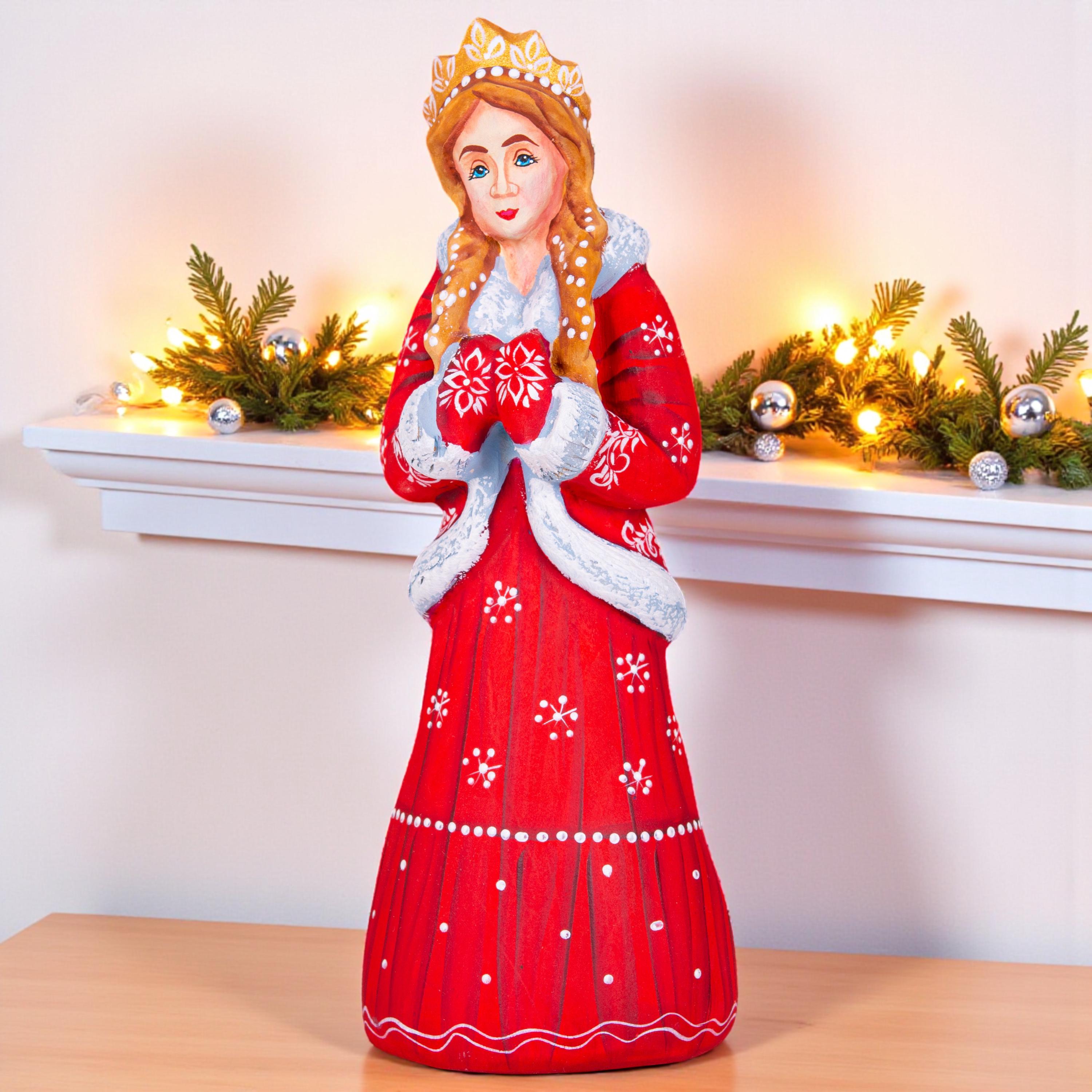 Hand Carved Snow Maiden Figurine: Red Coat Slavic Christmas Decor