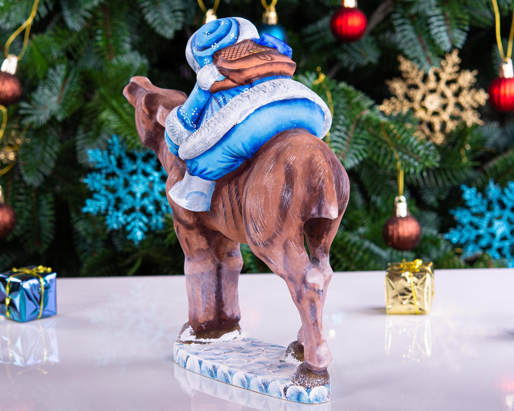 Old World Santa wooden figurine 8 inch, moose ride mantel display