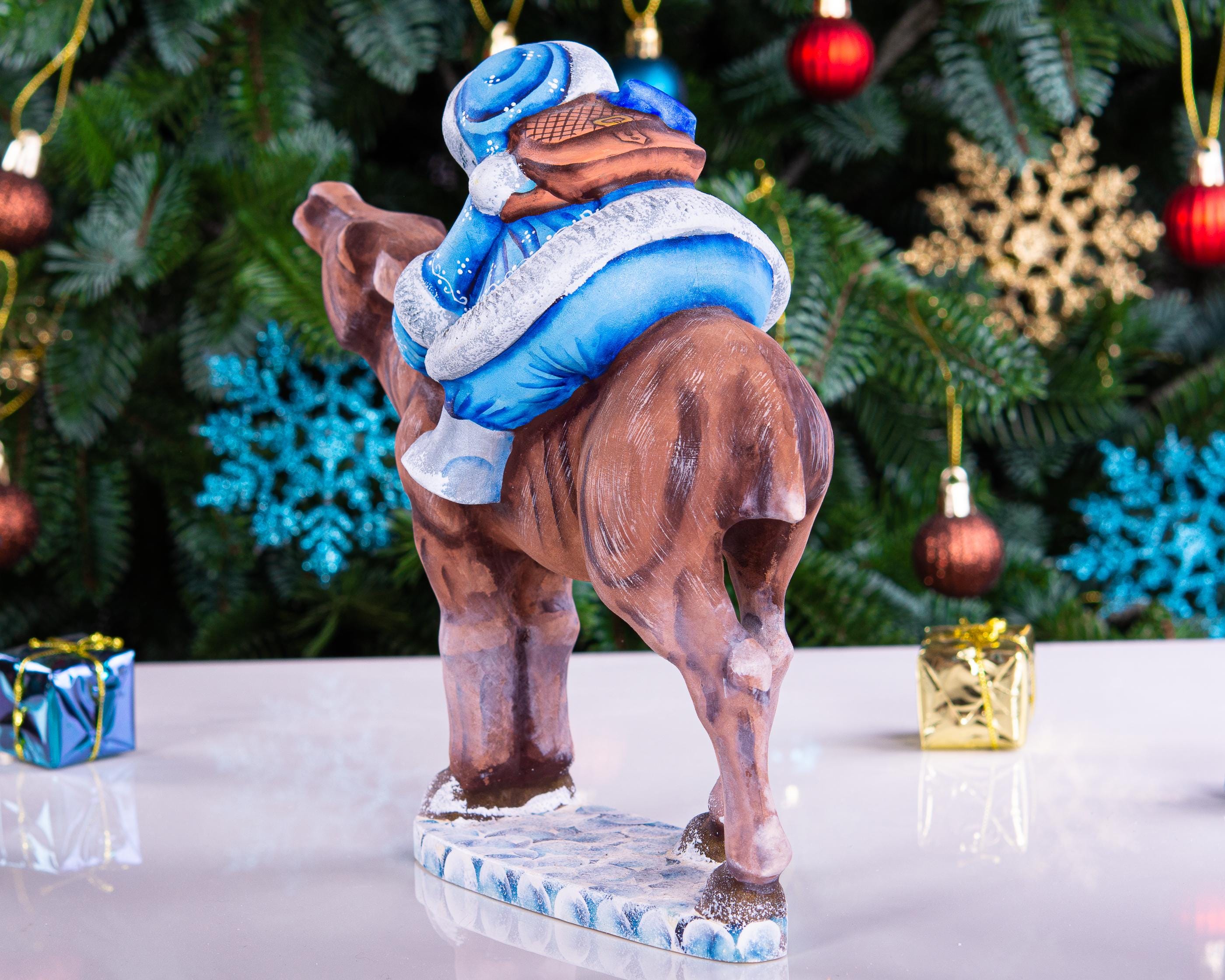 Old World Santa wooden figurine 8 inch, moose ride mantel display